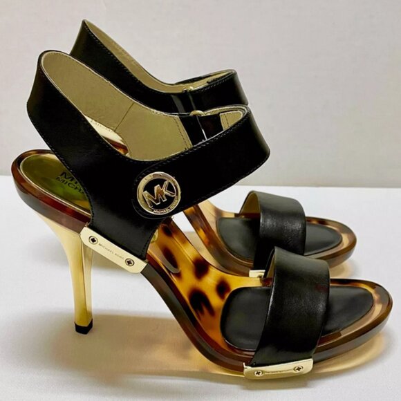 NEW MICHAEL KORS LANI SANDALS BLACK LEATHER 4" HEELS GOLD TORTOISE SHELL PUMPS 7 - Picture 7 of 13